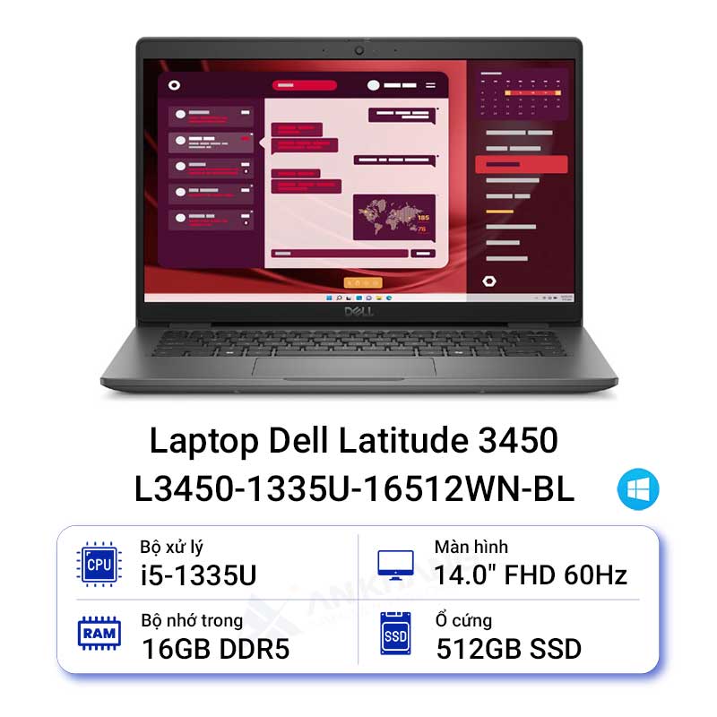 Laptop Dell Latitude 3450 L3450-1335U-16512WN-BL (i5-1335U/16GB/512GB/Iris Xe/14.0 inch FHD/LED KB/Win11)