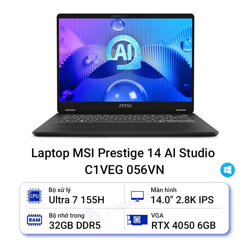 Laptop MSI Prestige 14 AI Studio C1VEG 056VN (Ultra 7 155H/RAM 32GB/SSD 1TB/RTX 4050/14.0 inch 2.8K/ Win11)